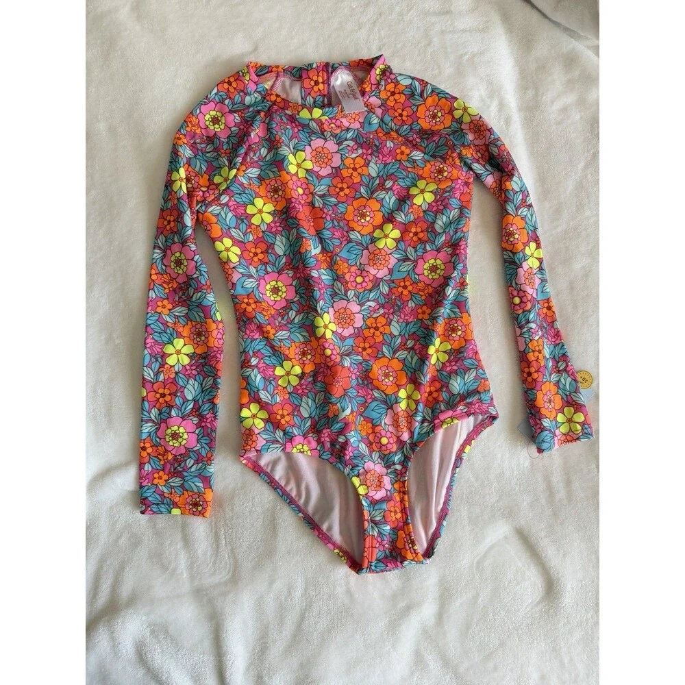Cat & Jack Girls M (8) Plus One Piece Swimsuit Floral Multicolor Long Sleeve